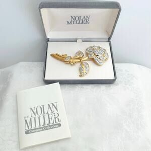 Vtg NOLAN MILLER "Pave Rose Pin" Flower Brooch Gold Tone Floral